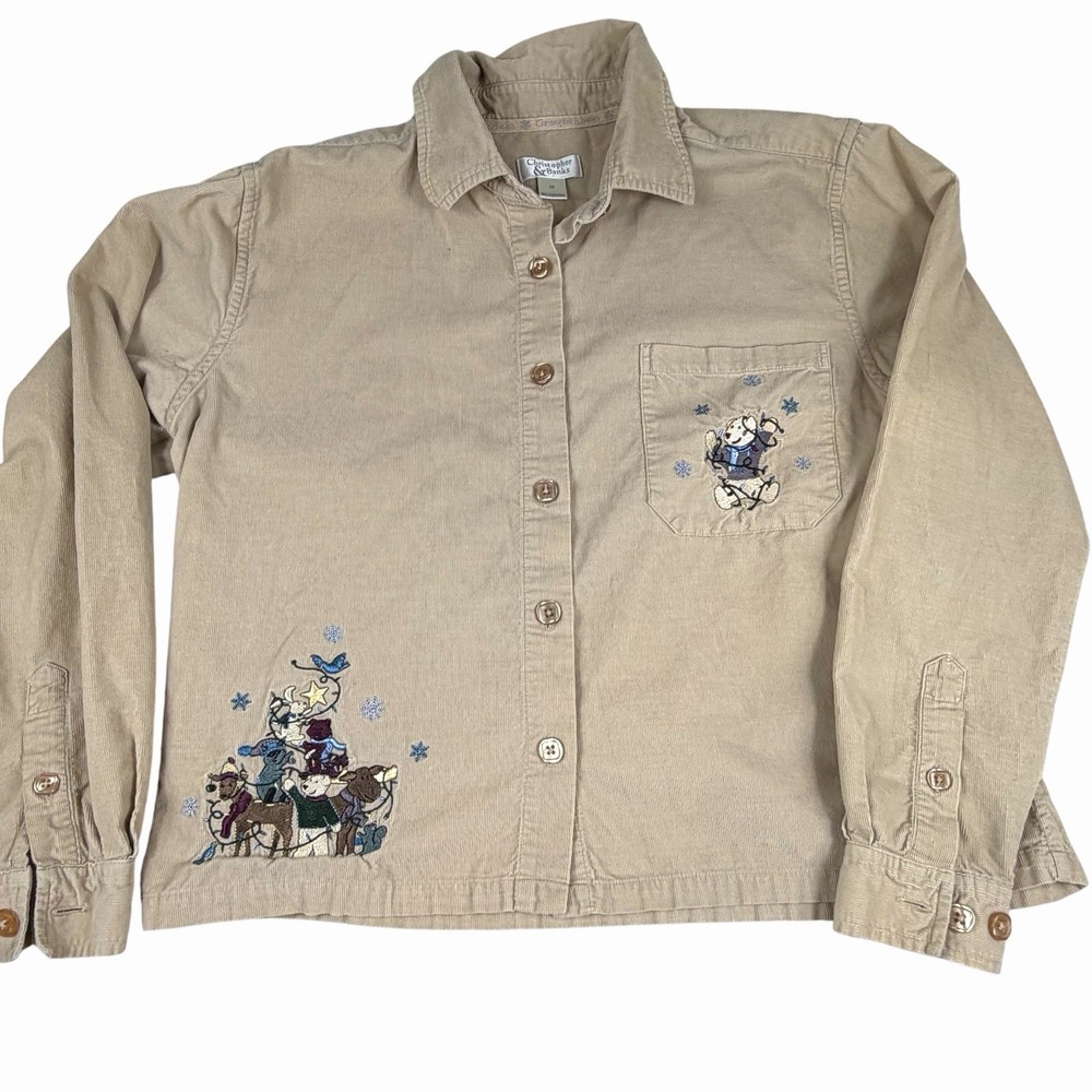 Corduroy Embroidered Long Sleeve Shirt Winter Scene Shacket Christmas Grannycore